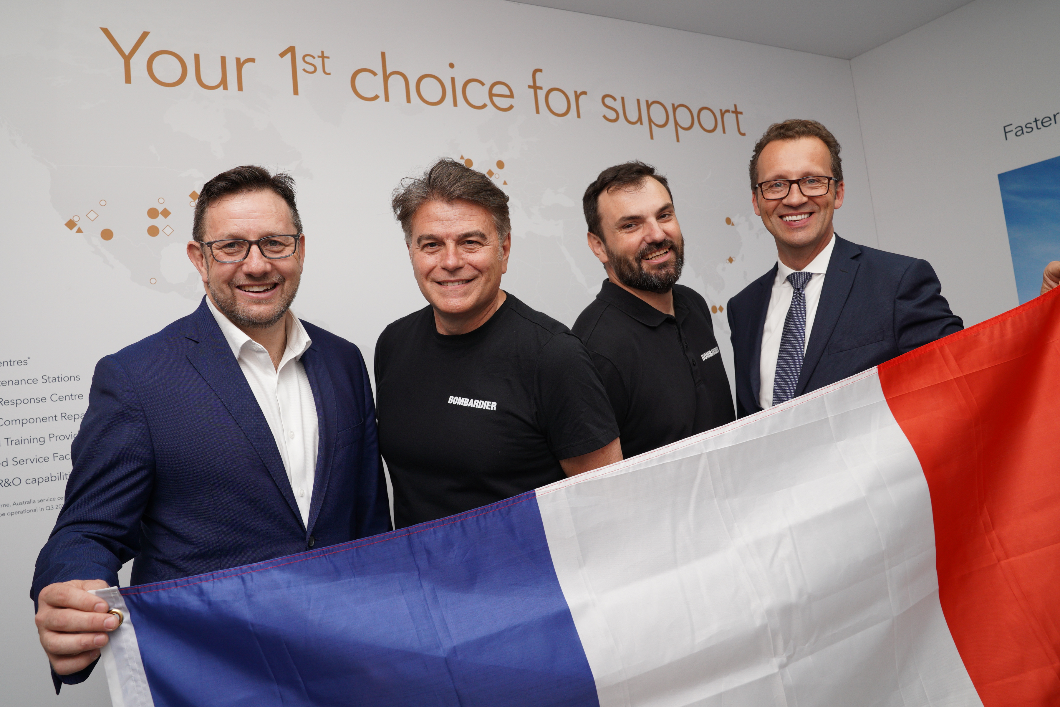 Bombardier celebrates the expansion of the Paris Line Maintenance Station. From left: Anthony Cox, Vice President, Customer Support, Bombardier; Mobile Response Team Engineers Pietro Iacubino and Sylvain Moratille; and Guillaume Landrivon, Vice President, Smart Services and Programs.