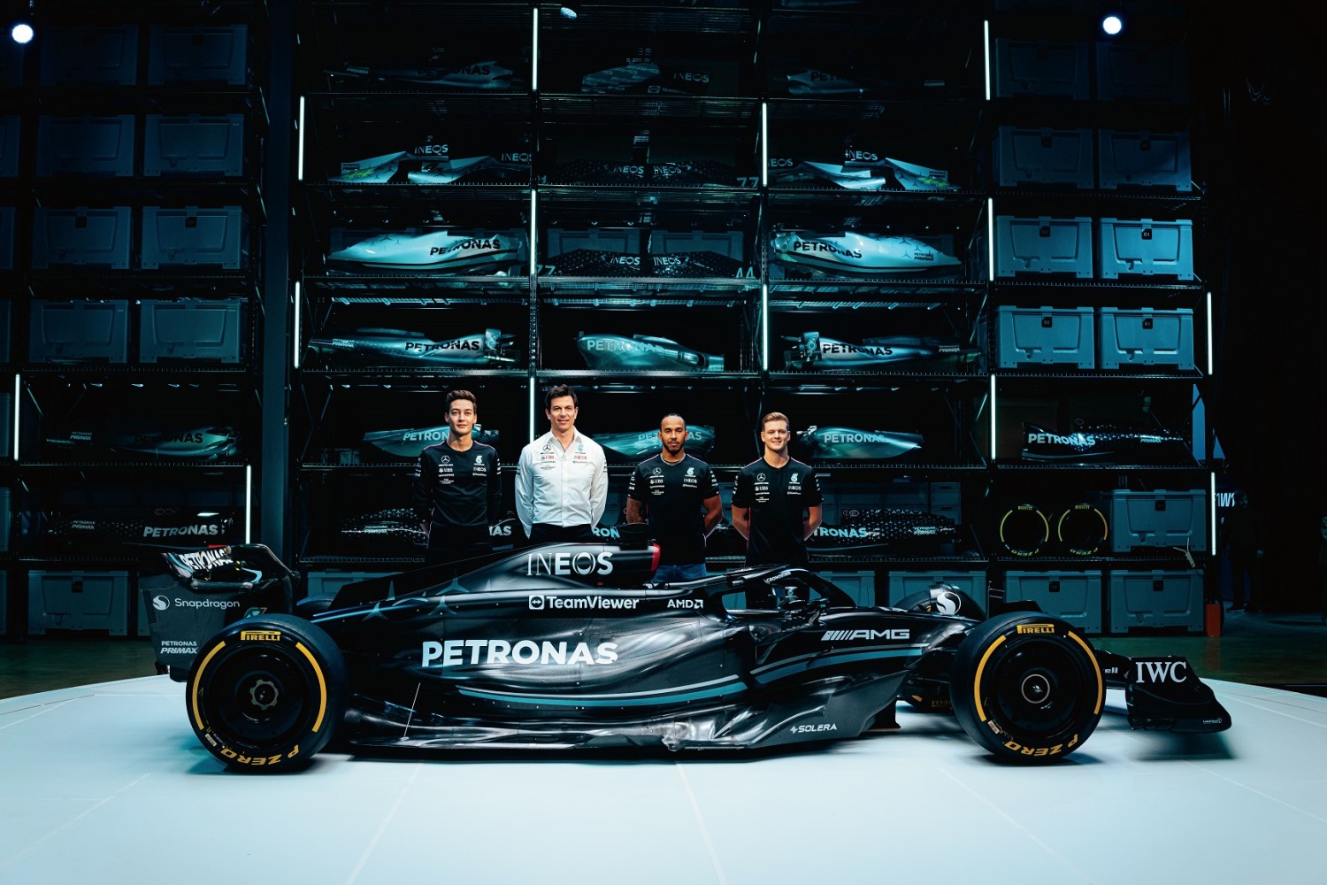 Toto Wolff with F1 drivers (from left to right) George Russell, Lewis Hamilton and Mick Schumacher